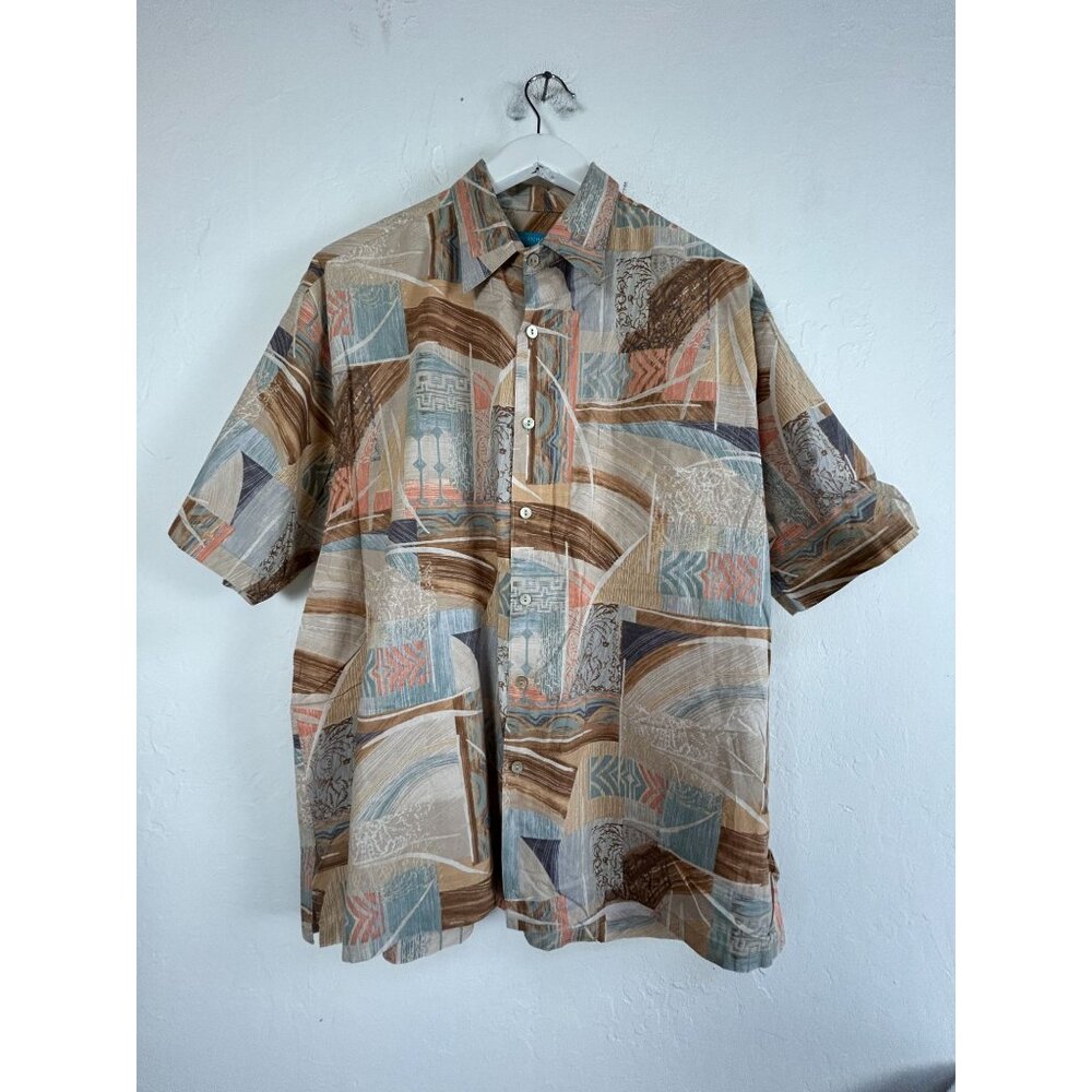 Tori Richard Mens Short Sleeve Button-Up Hawaiian Shirt Large Beige Abstract